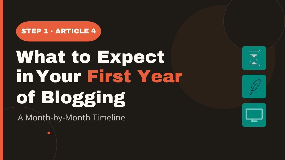 Dark featured image for 'What to Expect in Your First Year of Blogging: A Month-by-Month Timeline' with Step 1, Article 4 label, coral and teal accents, and a Month 1 to Month 12 timeline graphic